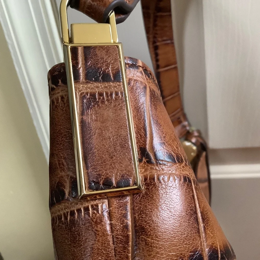 G.I.L.I. Leather North/South Hobo Bag Tote Brown Croc SZ Large
